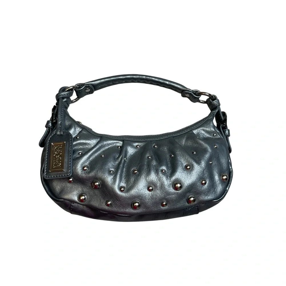 Badgley Mischka Gray Silver Studded Crescent Small Hobo Bag Purse